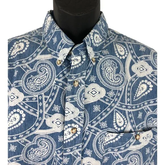 Eddie Bauer Blue Short Sleeve Button Up Shirt Paisley Print Men's Size Large - Picture 3 of 6